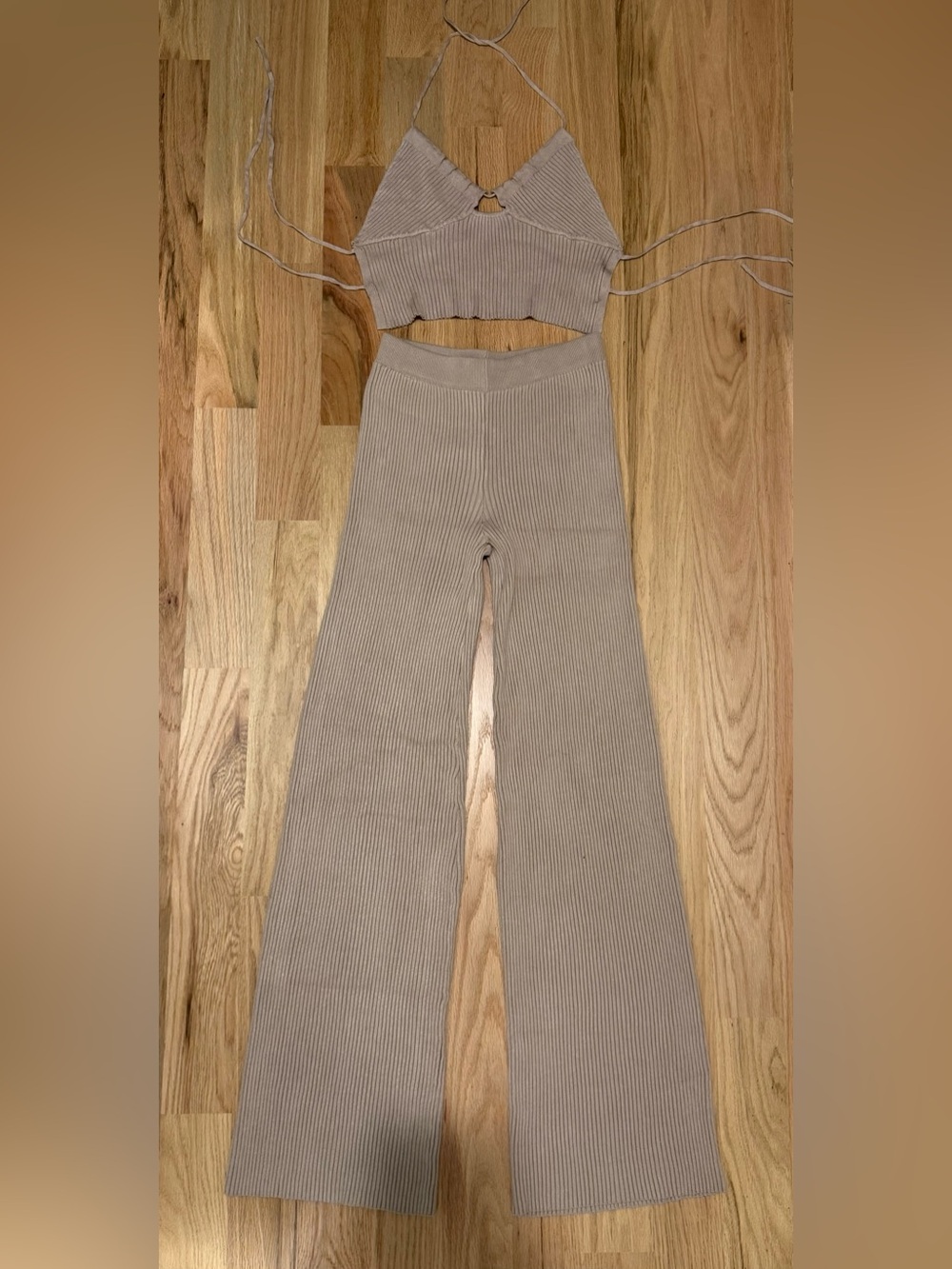 White Fox Boutique Ribbed Halter Crop Top and matching Pants in Light Tan